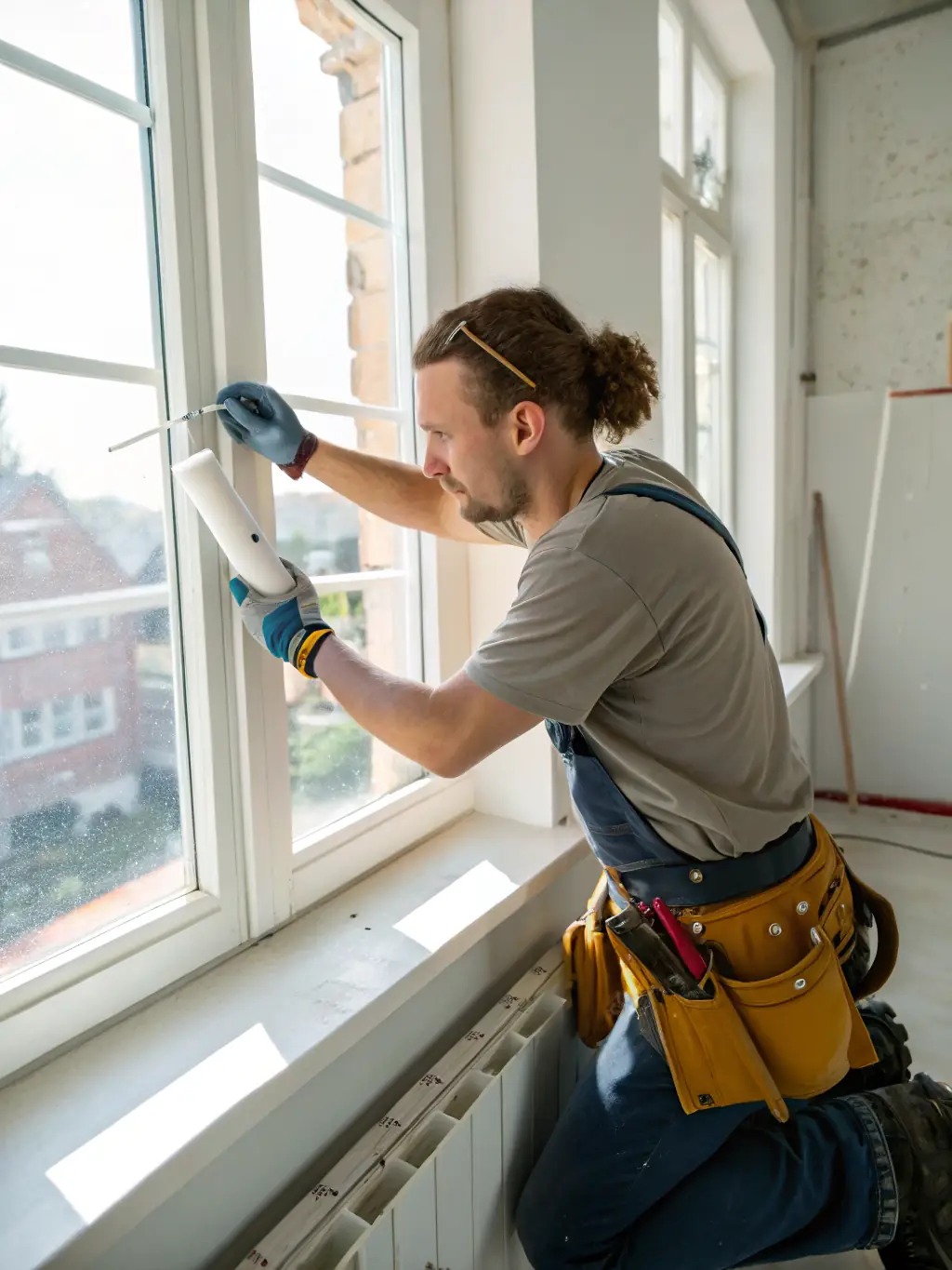 A homeowner is carefully sealing a window frame with caulk to prevent drafts and moisture from entering, with a focus on detail and precision.