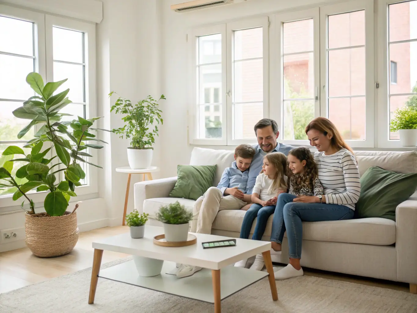 An image of a family enjoying a bright, airy living room with healthy indoor plants, symbolizing a healthy home environment.