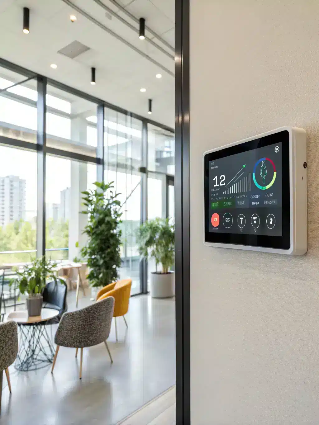 An image of a homeowner checking the air quality in their home using a portable air quality monitor, with a focus on the digital display showing healthy levels.
