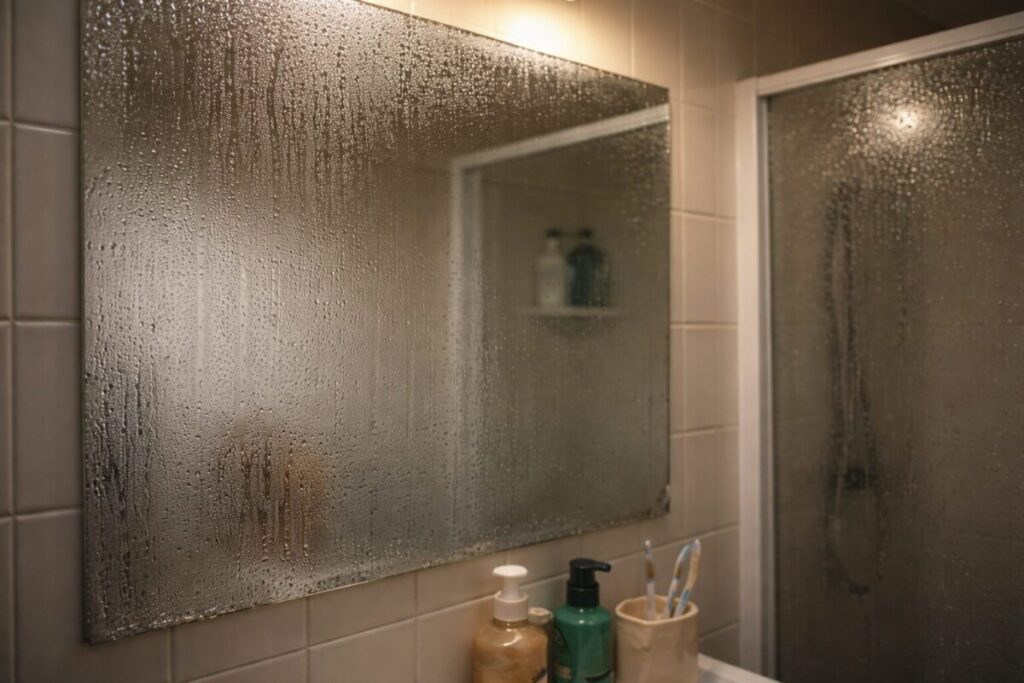 steam and condensation on bathroom mirror in a New Zealand home