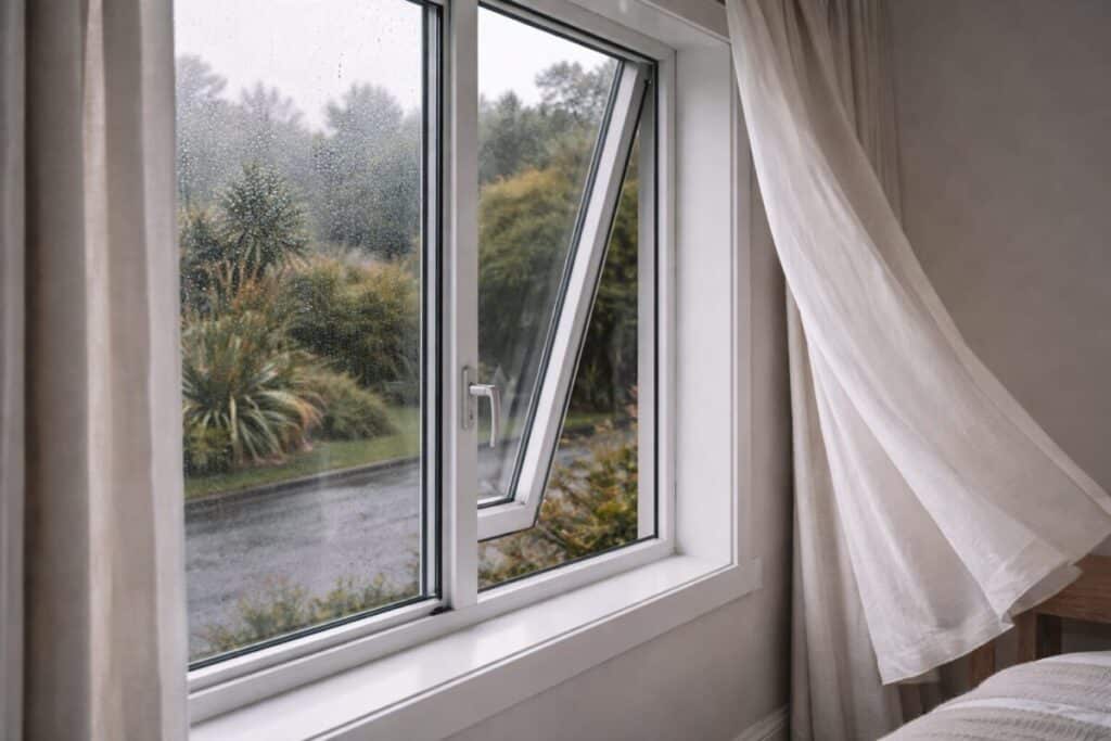 window open on a rainy winter day in a New Zealand home