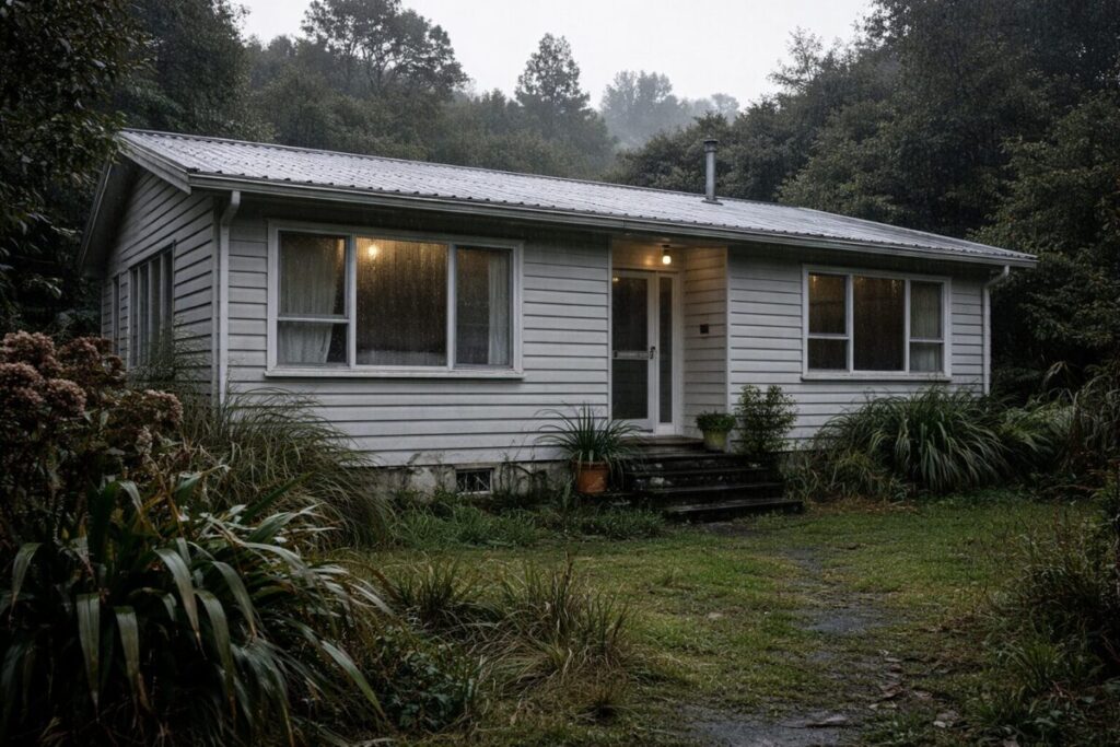 Older New Zealand weatherboard home with aluminium windows on a winter day 