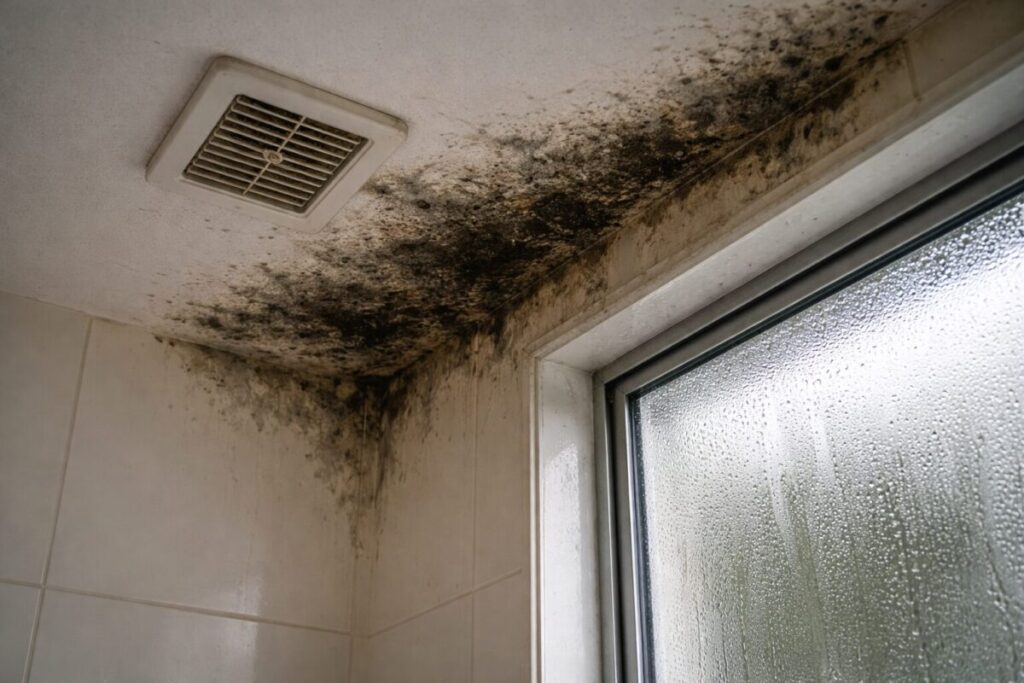 mould on bathroom ceiling in a New Zealand home with condensation