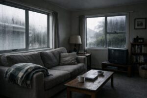 condensation on windows inside a New Zealand home on a cool morning