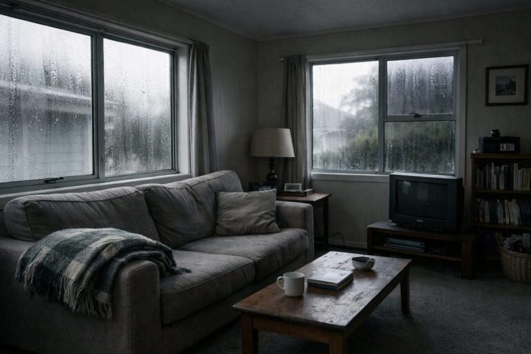 condensation on windows inside a New Zealand home on a cool morning