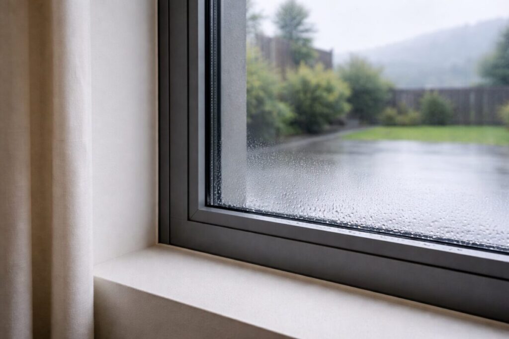 condensation beads on aluminium window frame in a NZ new build