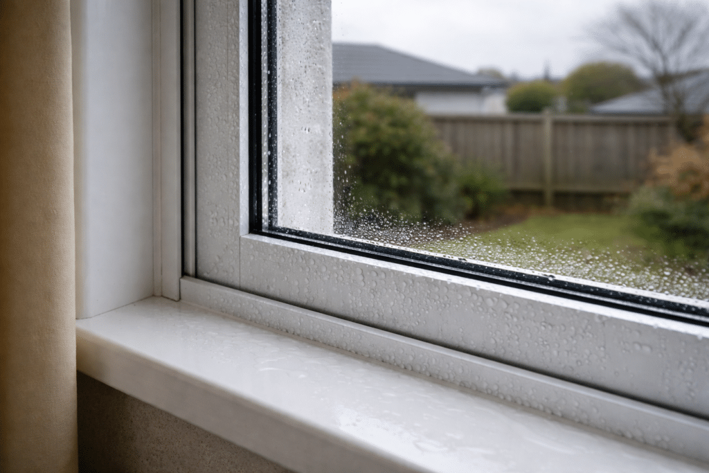 dry double-glazed glass with wet aluminium frame condensation in NZ home