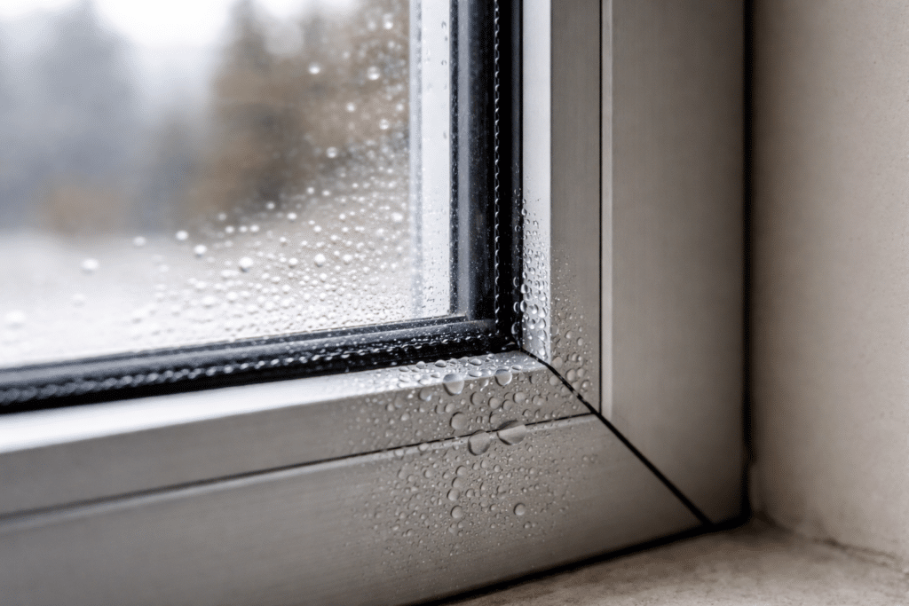 condensation beads on aluminium window frame corner with dry double-glazed glass