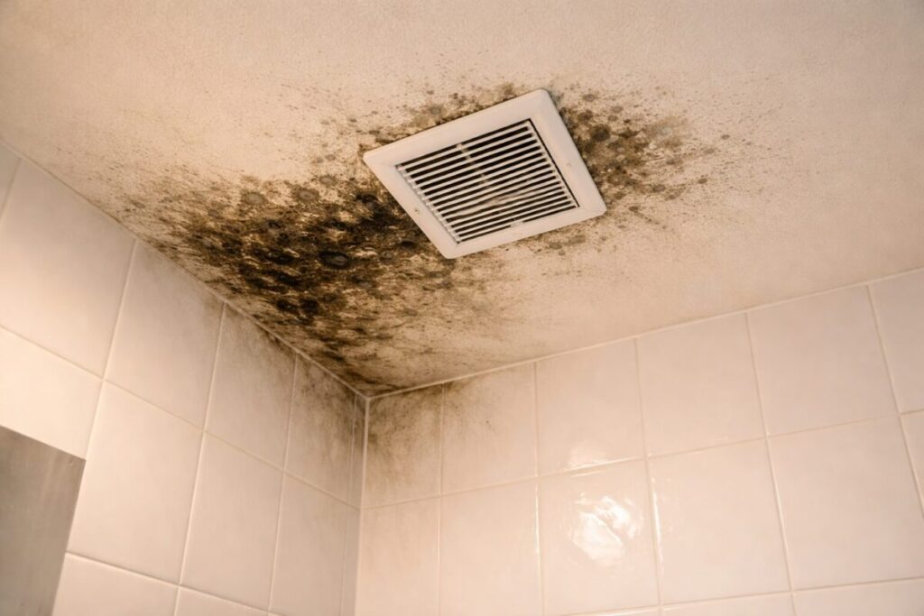 mould on bathroom ceiling near extractor fan in NZ home
