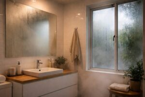 fogged bathroom mirror and window condensation after shower in NZ home