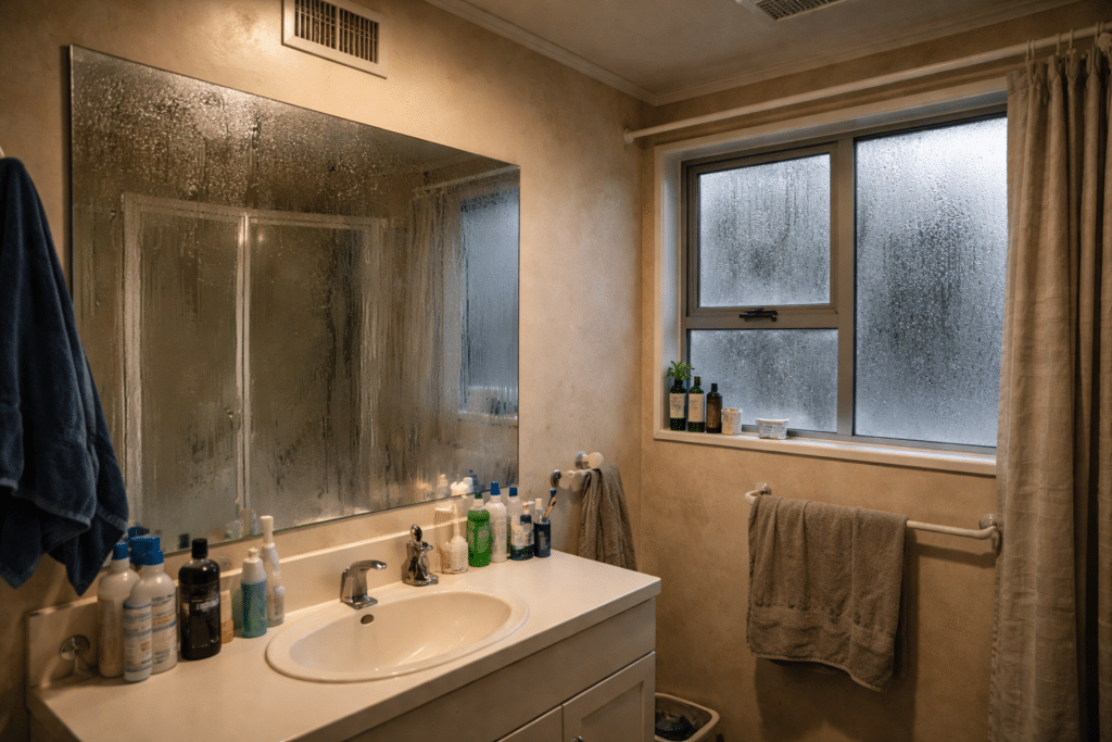 fogged bathroom with extractor fan after shower in NZ home