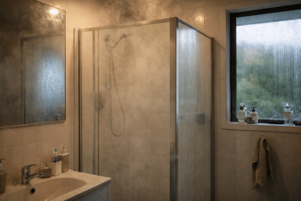 steam and condensation in a New Zealand bathroom during shower