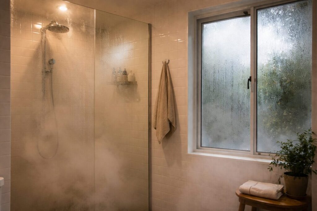 steam and condensation in NZ bathroom during hot shower