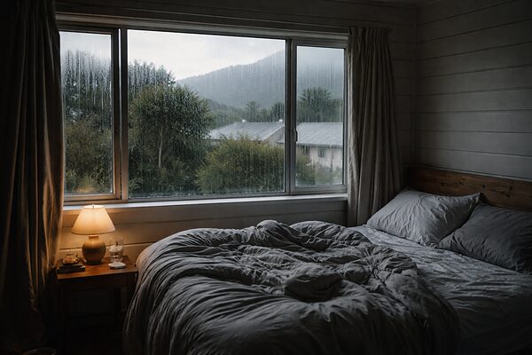 bedroom window condensation streaming down glass at dawn in NZ home