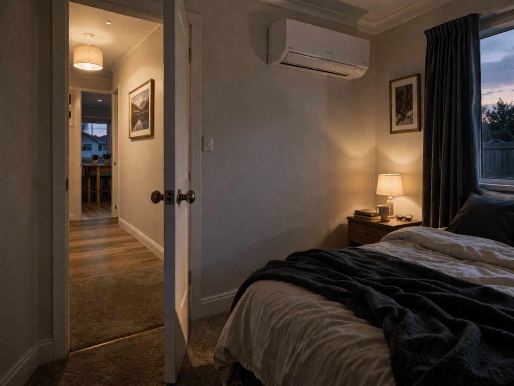 bedroom door ajar for airflow with heat pump running in NZ home