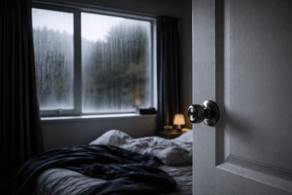 closed bedroom door with condensation-fogged window beyond in NZ home