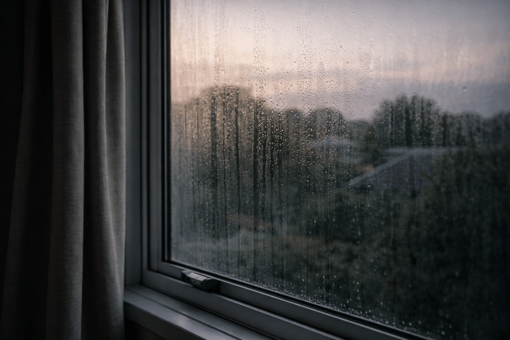 condensation droplets on bedroom window in NZ home at dawn