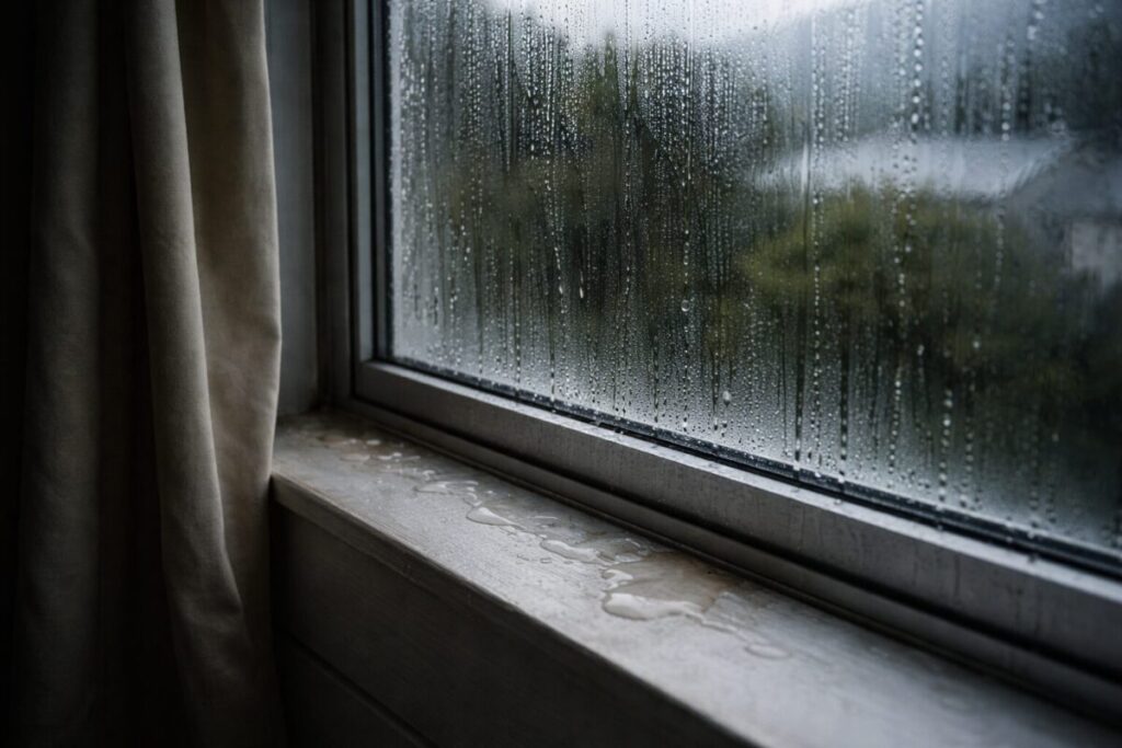 condensation droplets on bedroom window in NZ home at dawn