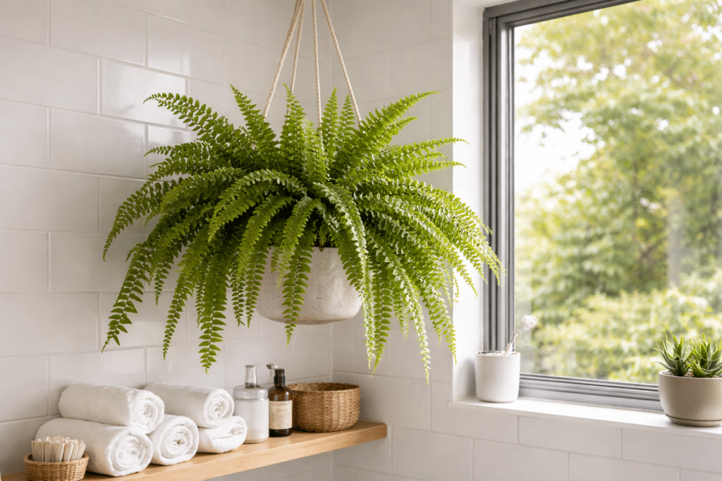 Boston fern on bathroom shelf in a New Zealand home