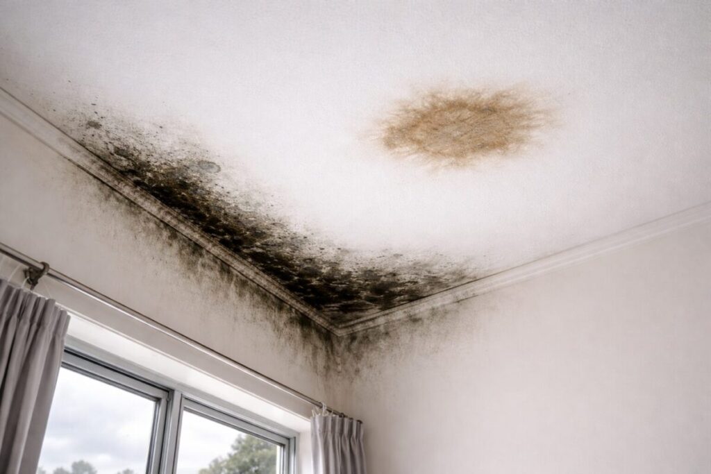 comparison of condensation mould and leak stain on ceiling in NZ home