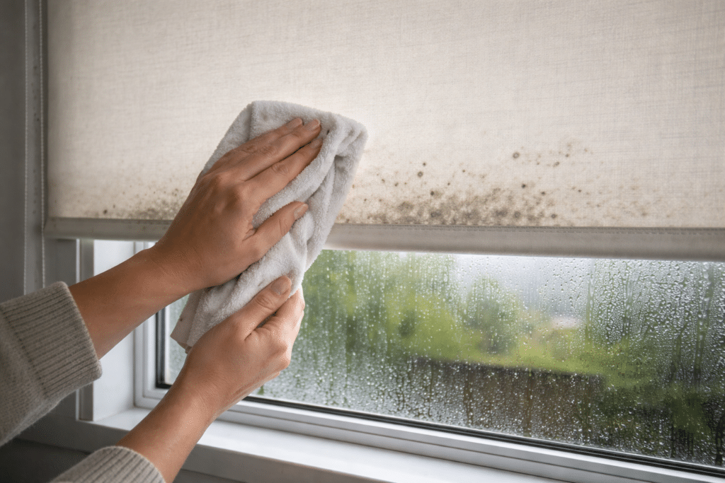 cleaning mould off a roller blind in a New Zealand home