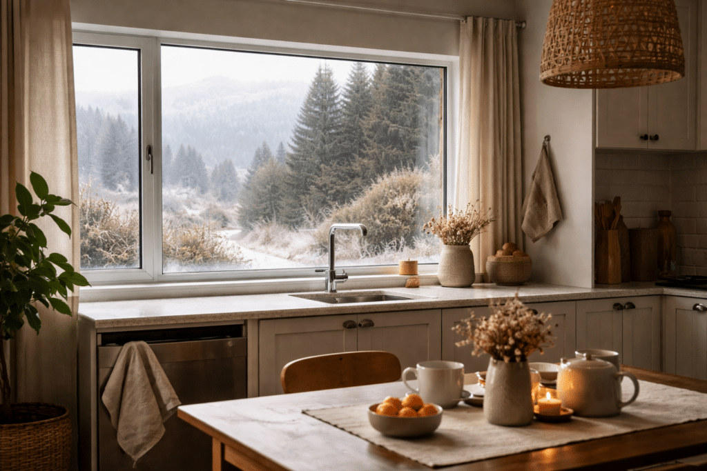 clear double-glazed window in a New Zealand kitchen during winter