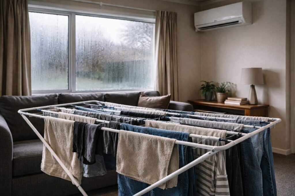 clothes drying indoors in a New Zealand living room during winter