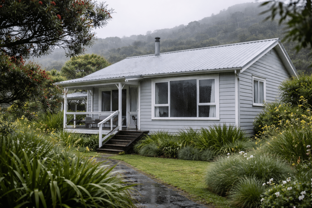 damp morning at a coastal New Zealand home with moisture on windows