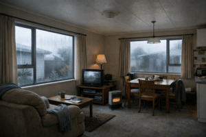 cold and damp NZ home interior on a winter morning