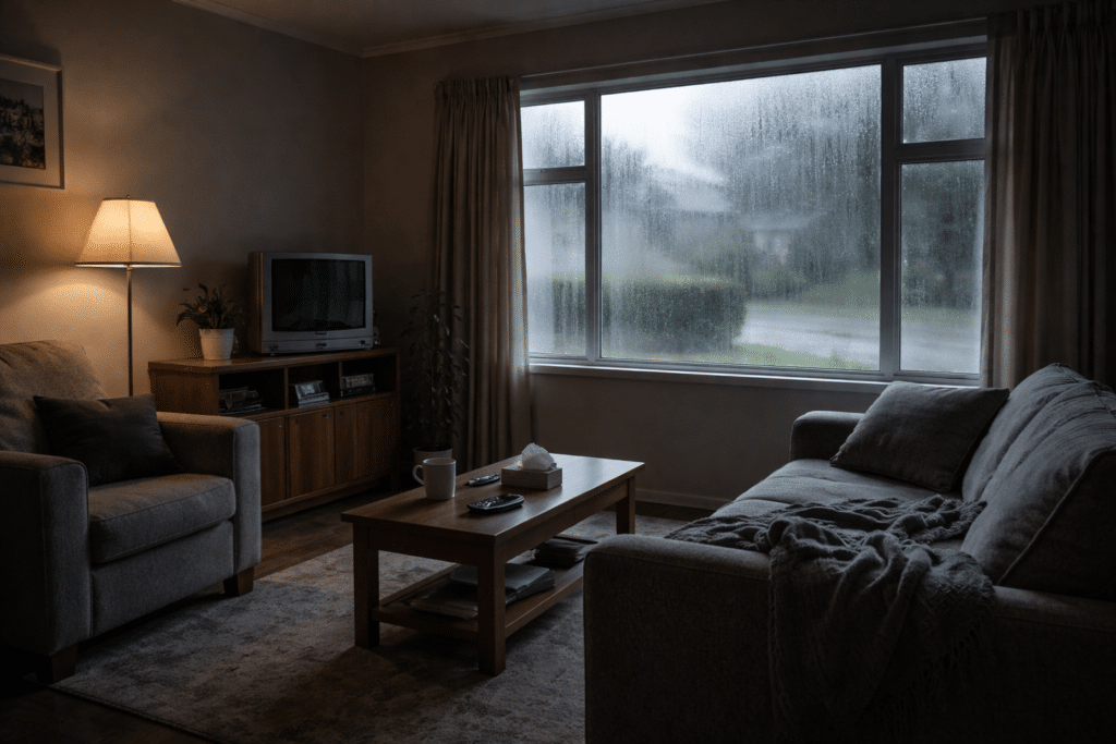 cold NZ living room with no heating and window condensation