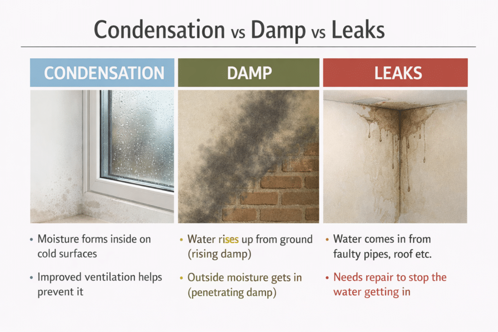 pictures of condensation on window vs damp on wall picture vs leaks at top of ceiling