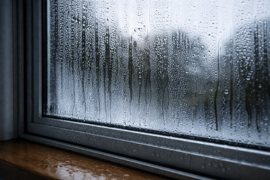condensation droplets forming on window glass overnight in NZ home