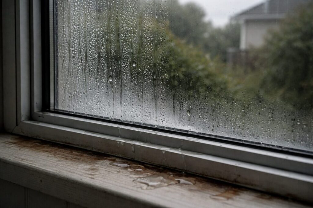 condensation droplets pooling on aluminium window frame in NZ home