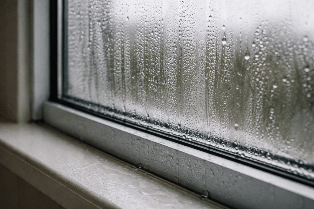 condensation forming on cold window as warm humid air meets glass in NZ home