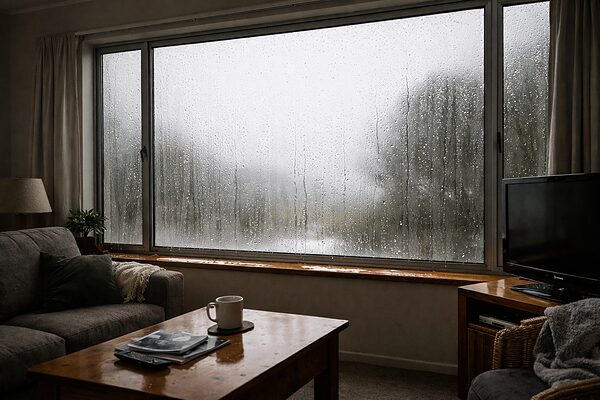 heavy condensation streaming down aluminium window in NZ living room