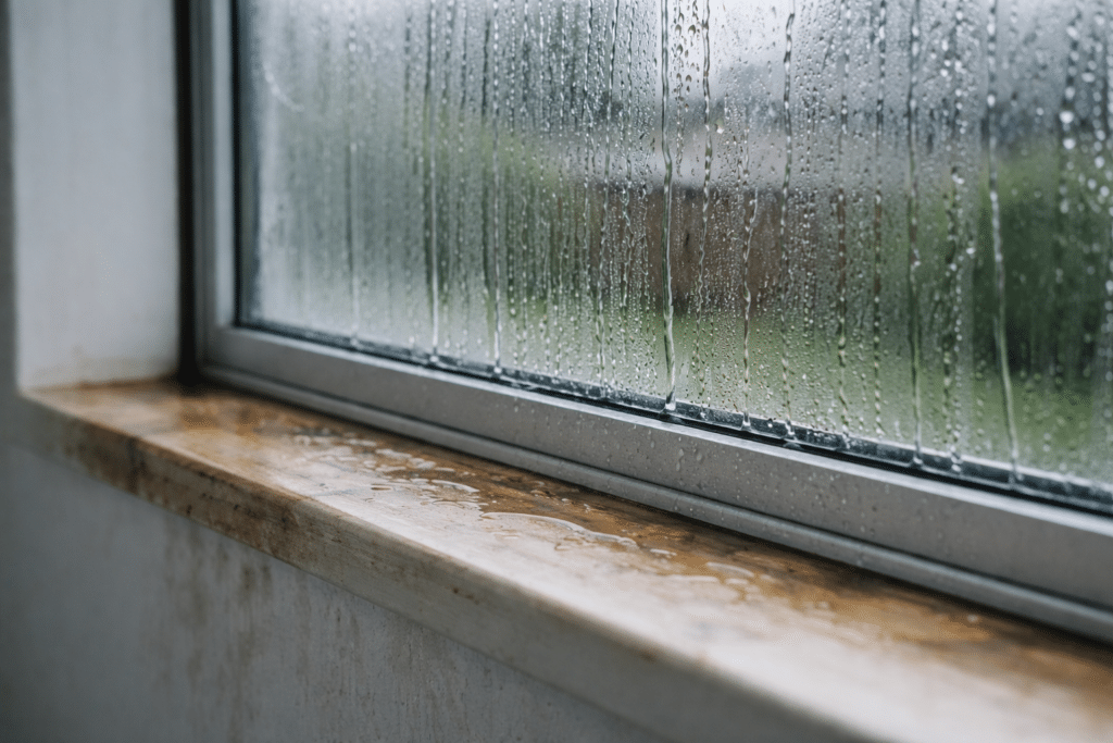 heavy condensation streaming down window with water pooling on sill in NZ home