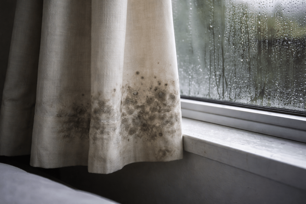 mould on bottom edge of curtain near window sill in NZ home