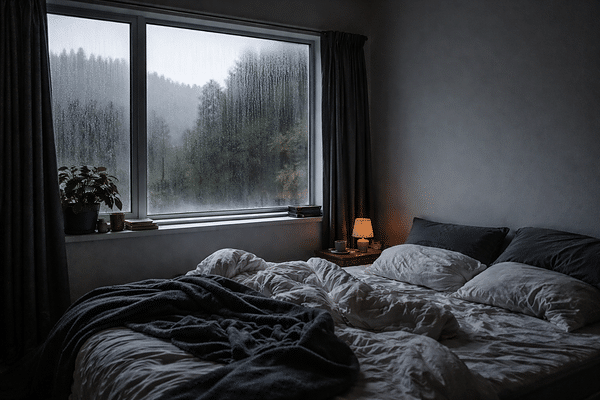 damp New Zealand bedroom with window condensation on a winter morning