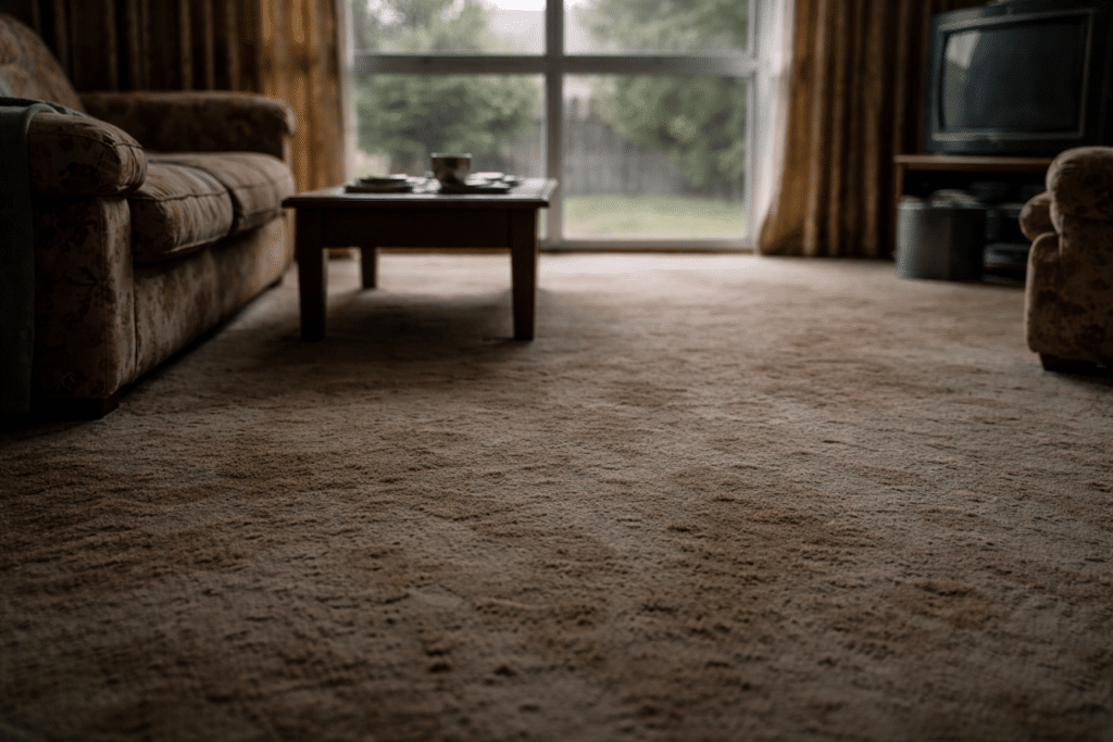 damp carpet in a closed-up New Zealand living room