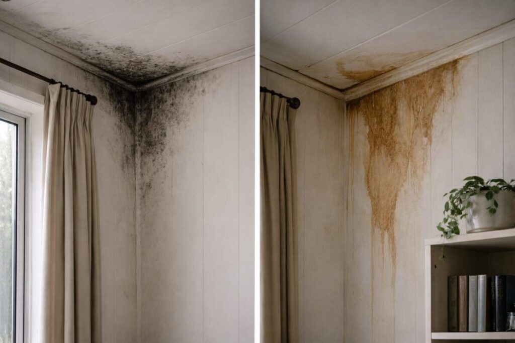comparison of condensation mould and leak stain on NZ home wall