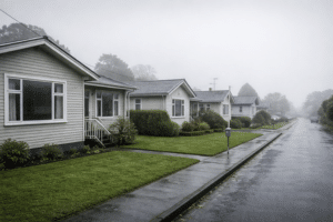 row of New Zealand suburban homes on a damp winter morning