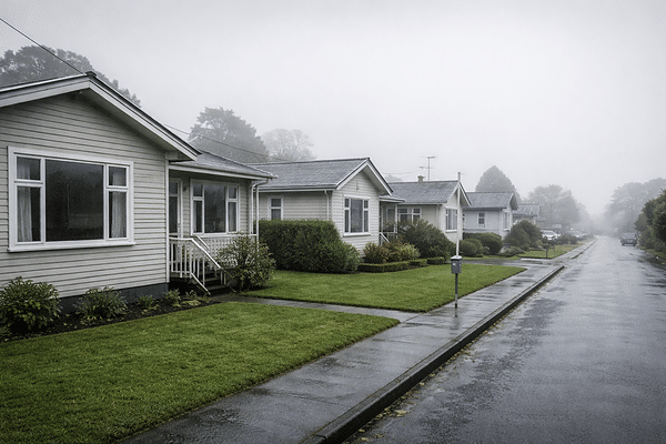 row of New Zealand suburban homes on a damp winter morning