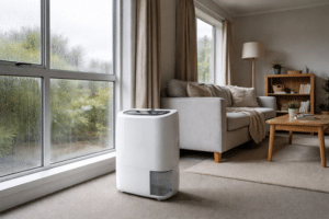dehumidifier running near condensation-fogged window in NZ home