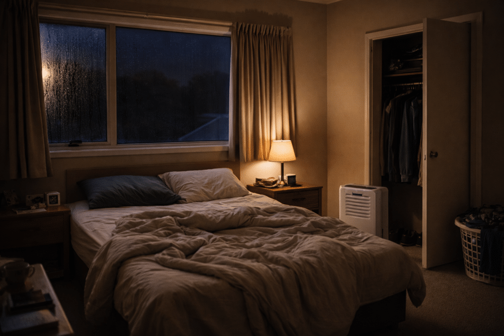 dehumidifier in NZ bedroom with light window condensation