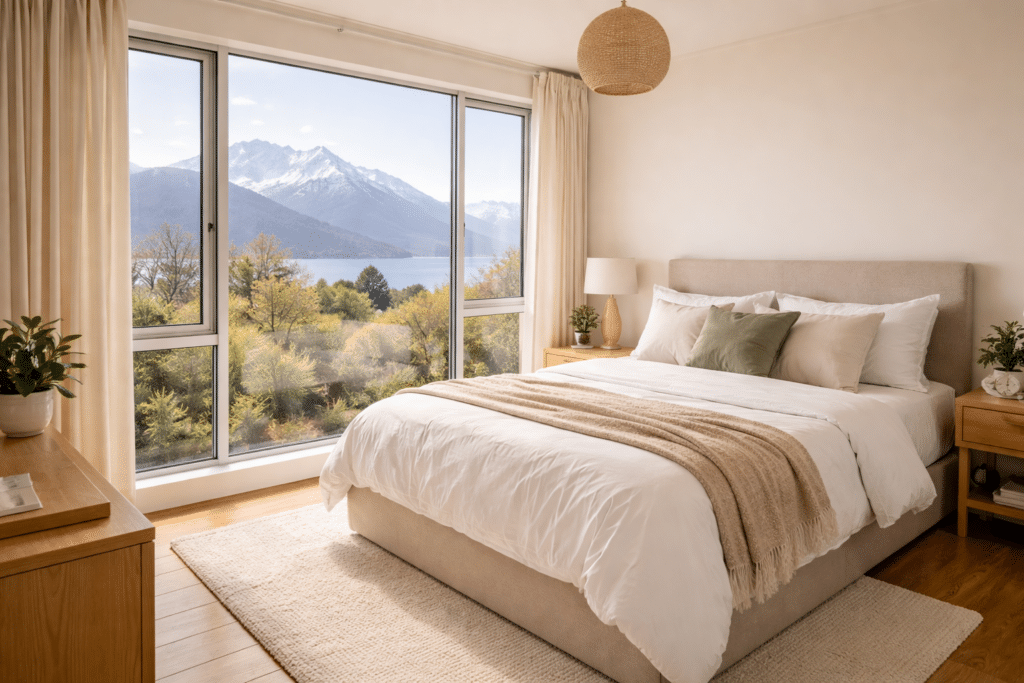 dry NZ bedroom with clear windows and fresh air on a winter morning