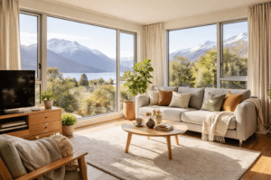bright warm New Zealand living room with dry windows in winter