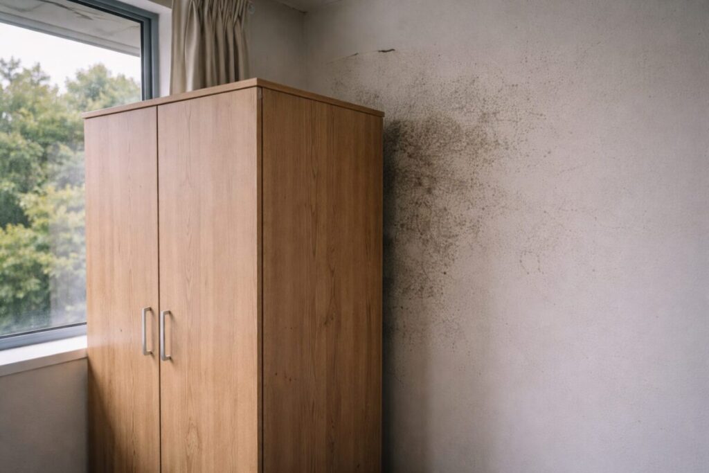 mould behind wardrobe against exterior wall in NZ bedroom