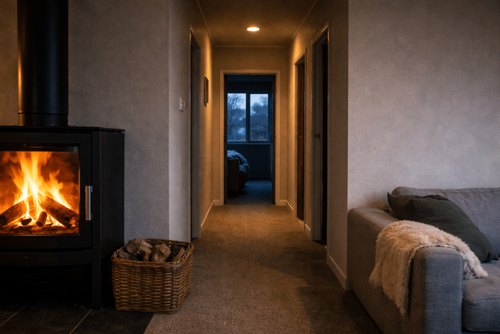 hallway showing warm living room and cold bedrooms beyond in NZ home