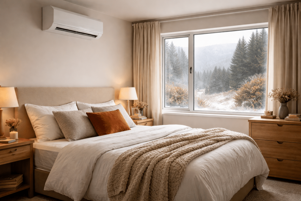 warm New Zealand bedroom with heat pump and dry window