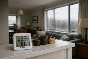 hygrometer showing high humidity in a New Zealand home in winter